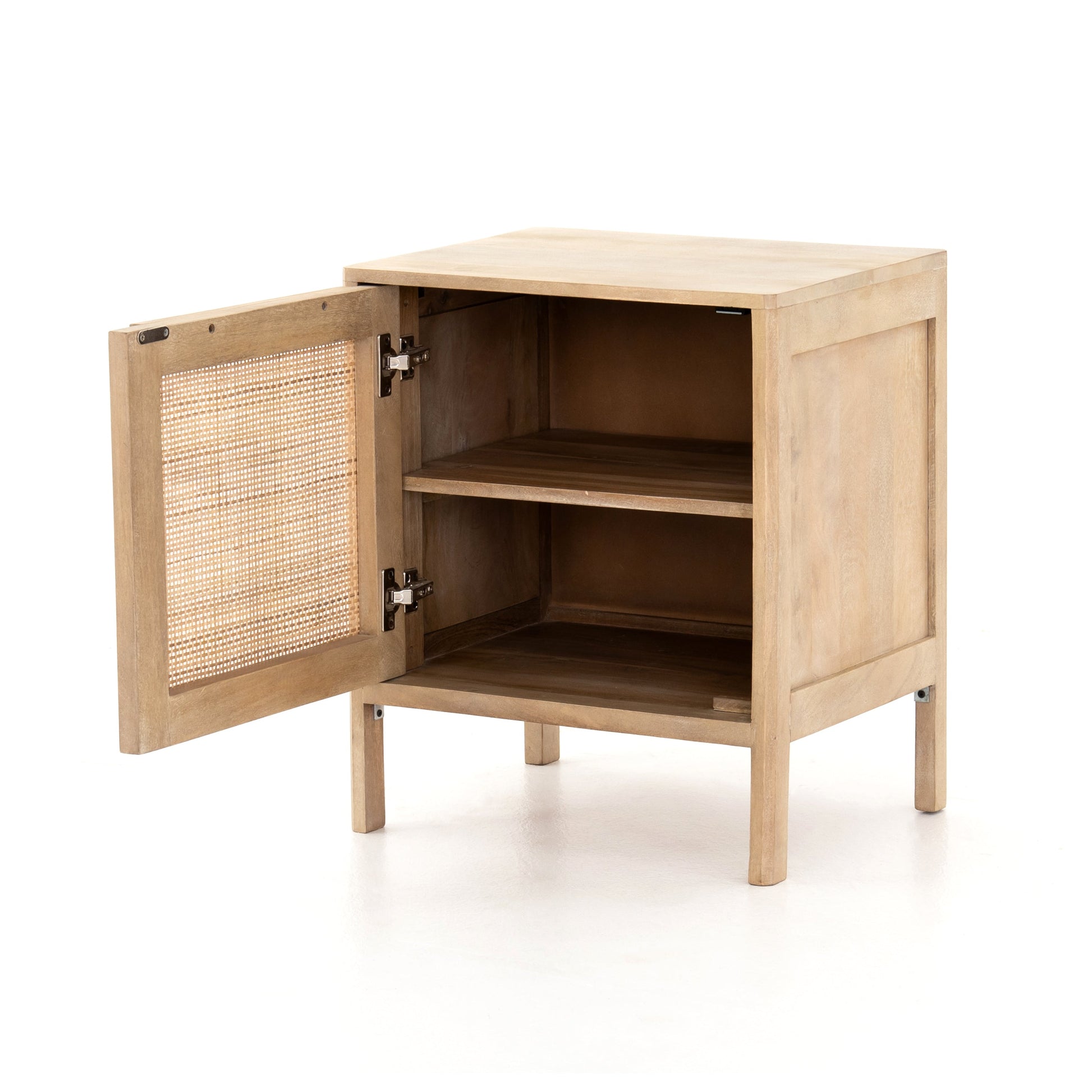 modern natural wooden nightstand with natural cane front cabinet door