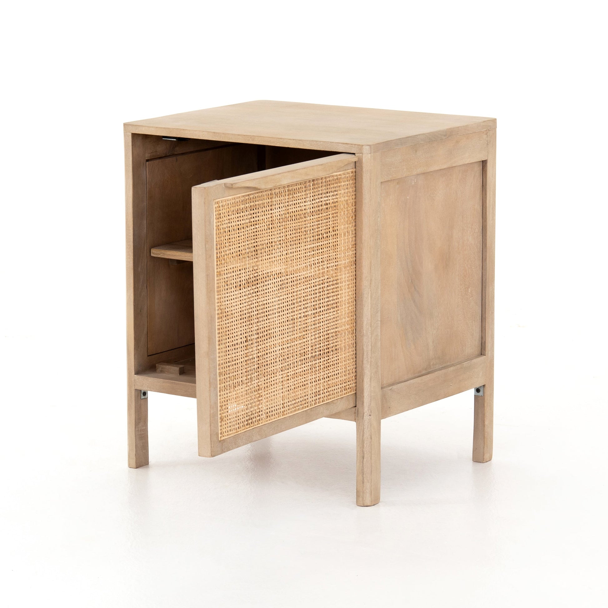 modern natural wooden nightstand with natural cane front cabinet door