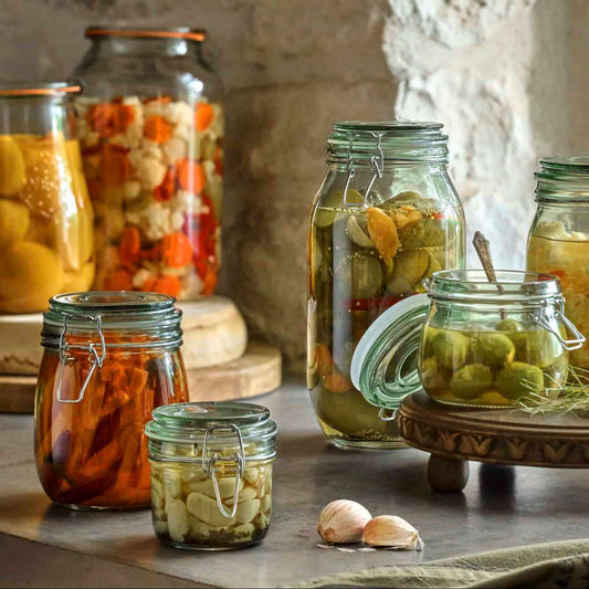 Jars full of pickles, sauces, and jams to preserve the best flavors of the season.