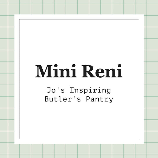 A square graphic surrounded by green gridded detailing and centered with black text that says "Mini Reni: Jo's Inspiring Butler's Pantry."