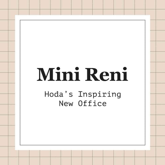 A square graphic surrounded by a tan grid and centered with black text that says "Mini Reni: Hoda's Inspiring New Office."