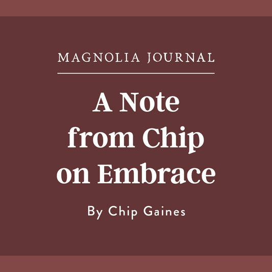 A burgundy square graphic with "A Note from Chip on Embrace" in white text.