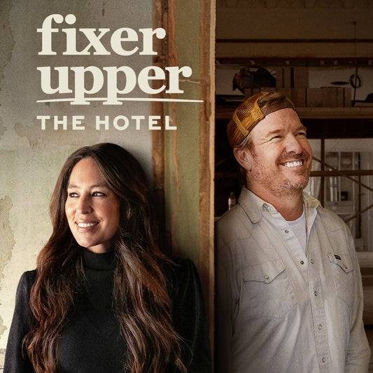 Chip and Joanna Gaines smiling with "Fixer Upper: The Hotel" text overla. 