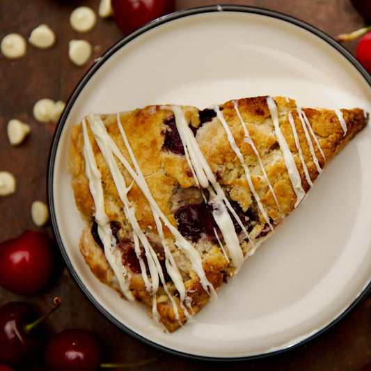 Elizabeth Poett's Cherry-Almond Scones Drizzled with White Chocolate