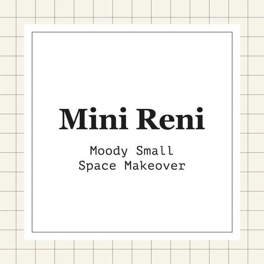 Square graphic with surrounded by a gridded design and centered with black text that says "Mini Reni | Moody Small Space Makeover."