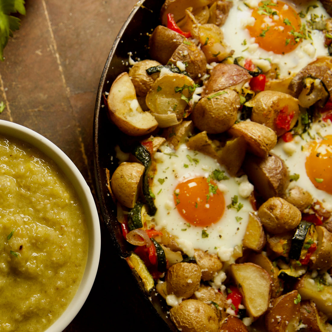 Elizabeth Poett's Rustic Baked Eggs with Roasted Vegetables and Tomatillo Salsa