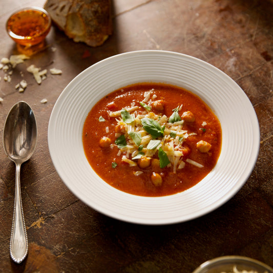 Elizabeth Poett's Rustic Garbanzo Bean Soup with Parmesan and Homemade Chili Oil