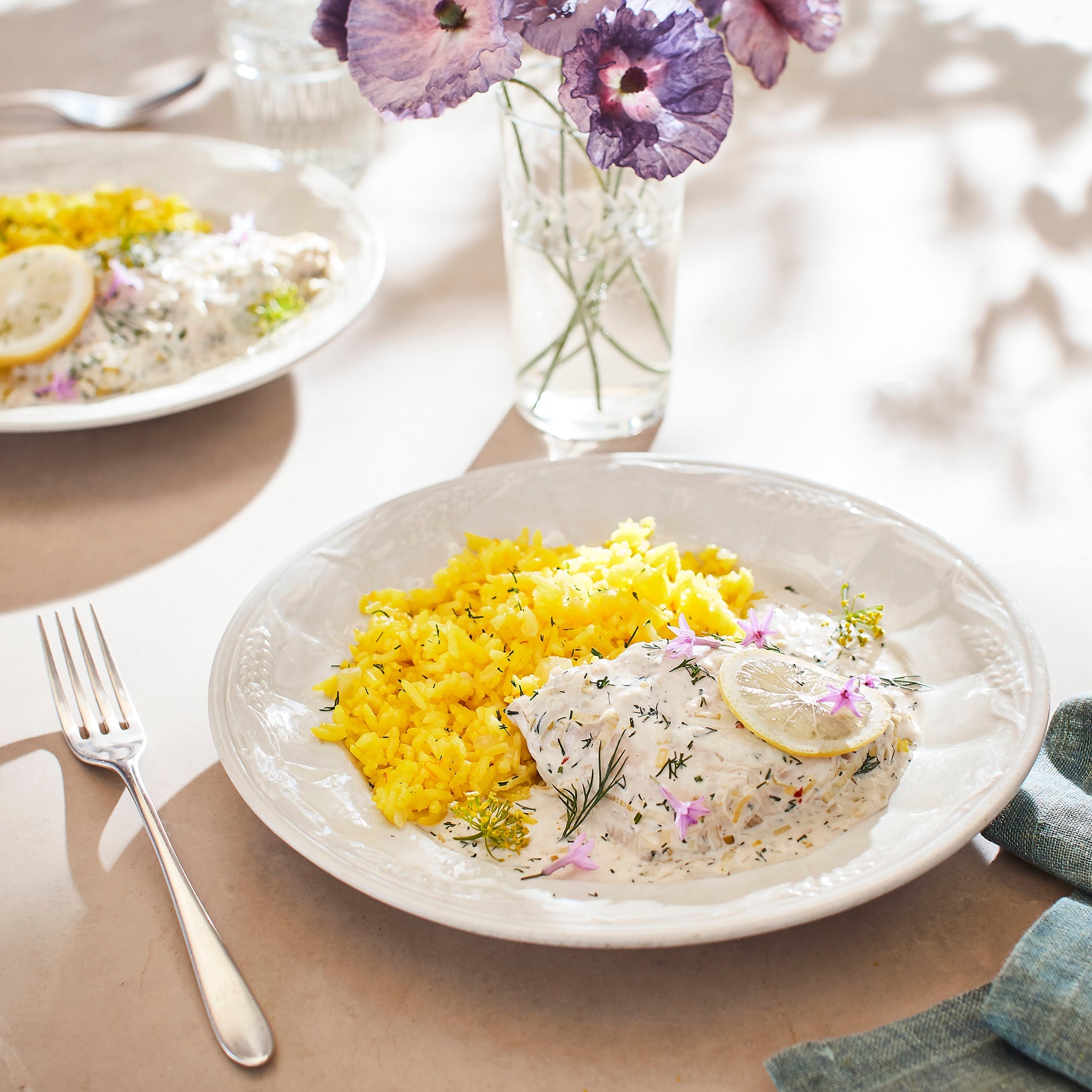 White Fish with Dill Sauce and Saffron Rice Recipe – Magnolia