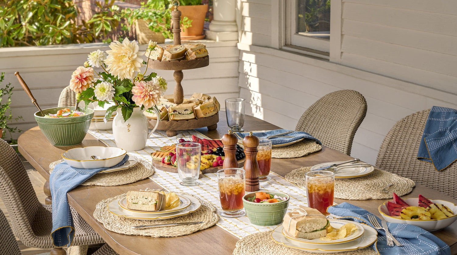 shop summer table decor.  placemats, table runners, tablecloths, napkin rings, vases, florals and placecard holders