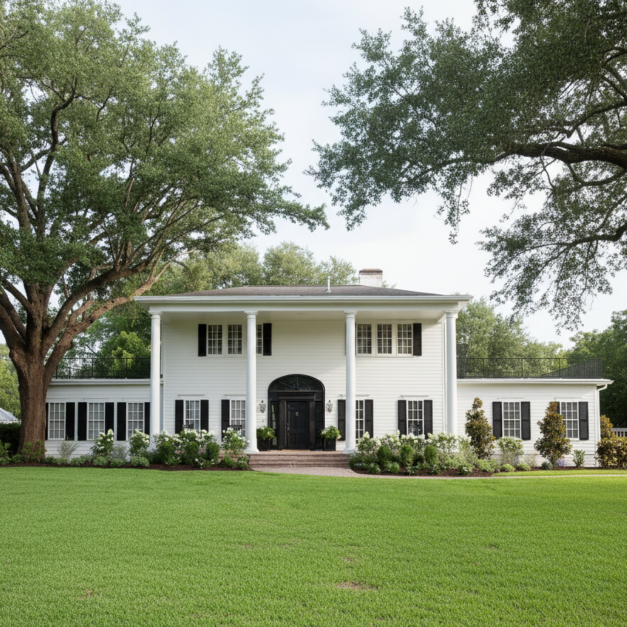 The Hillcrest Estate. A large white colonial-style house with black shutters and a front porch, set behind a wide green lawn with mature trees on both sides.
