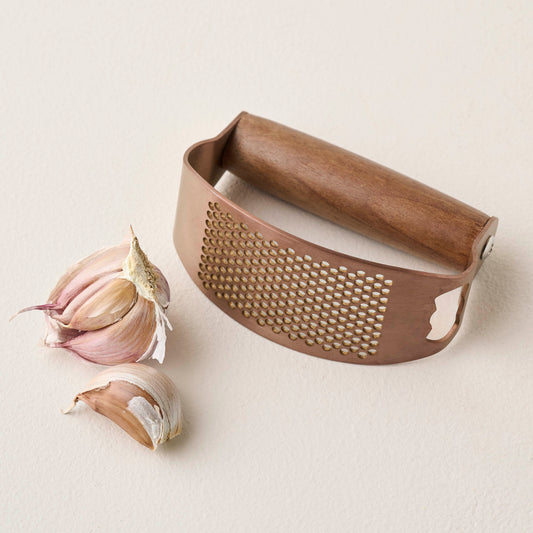 Copper and Walnut Garlic Rocker shown with garlic