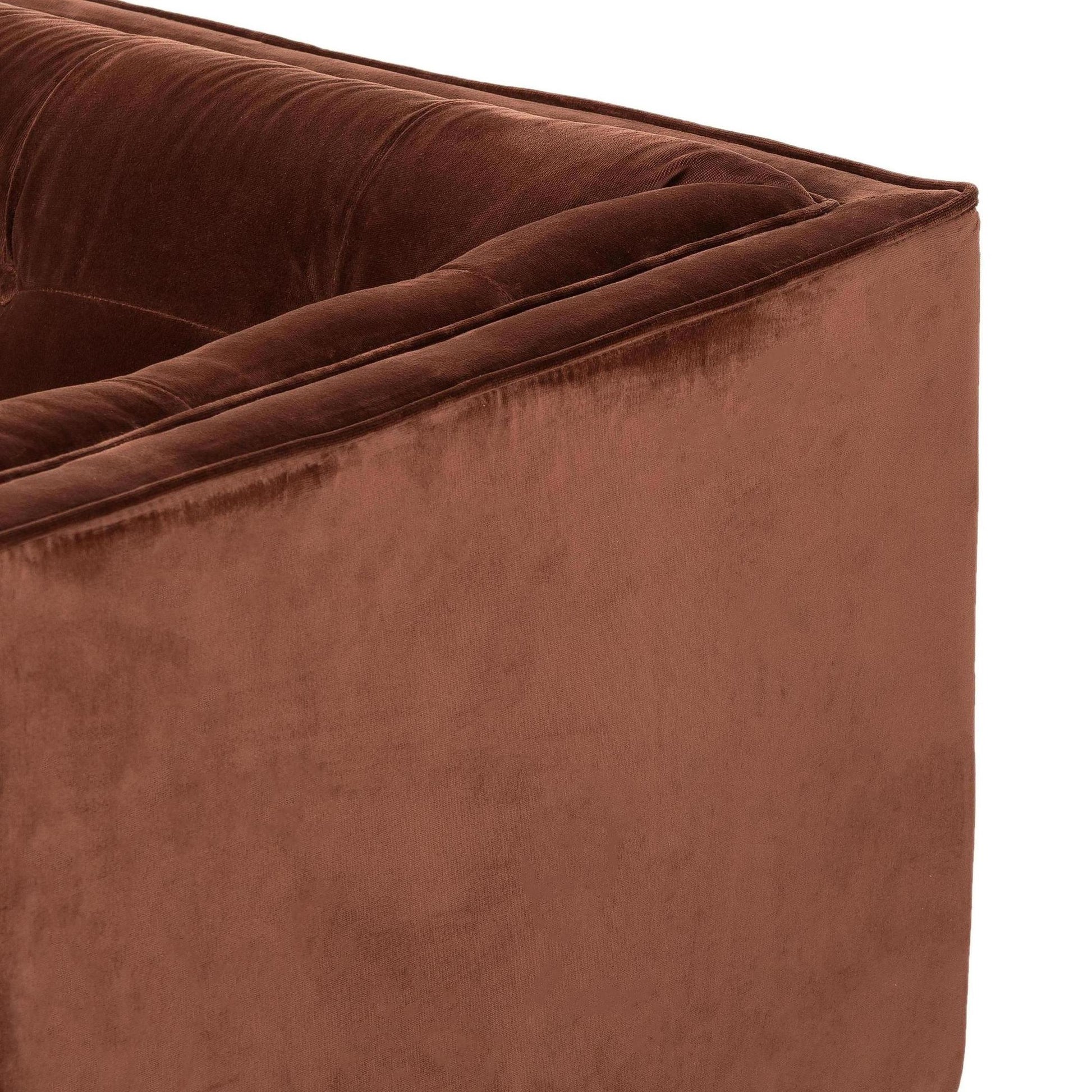 Elsie Chaise in auburn velvet close up of top corner