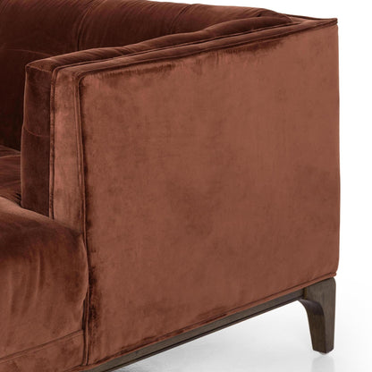 Elsie Chaise in auburn velvet close up of side of chaise