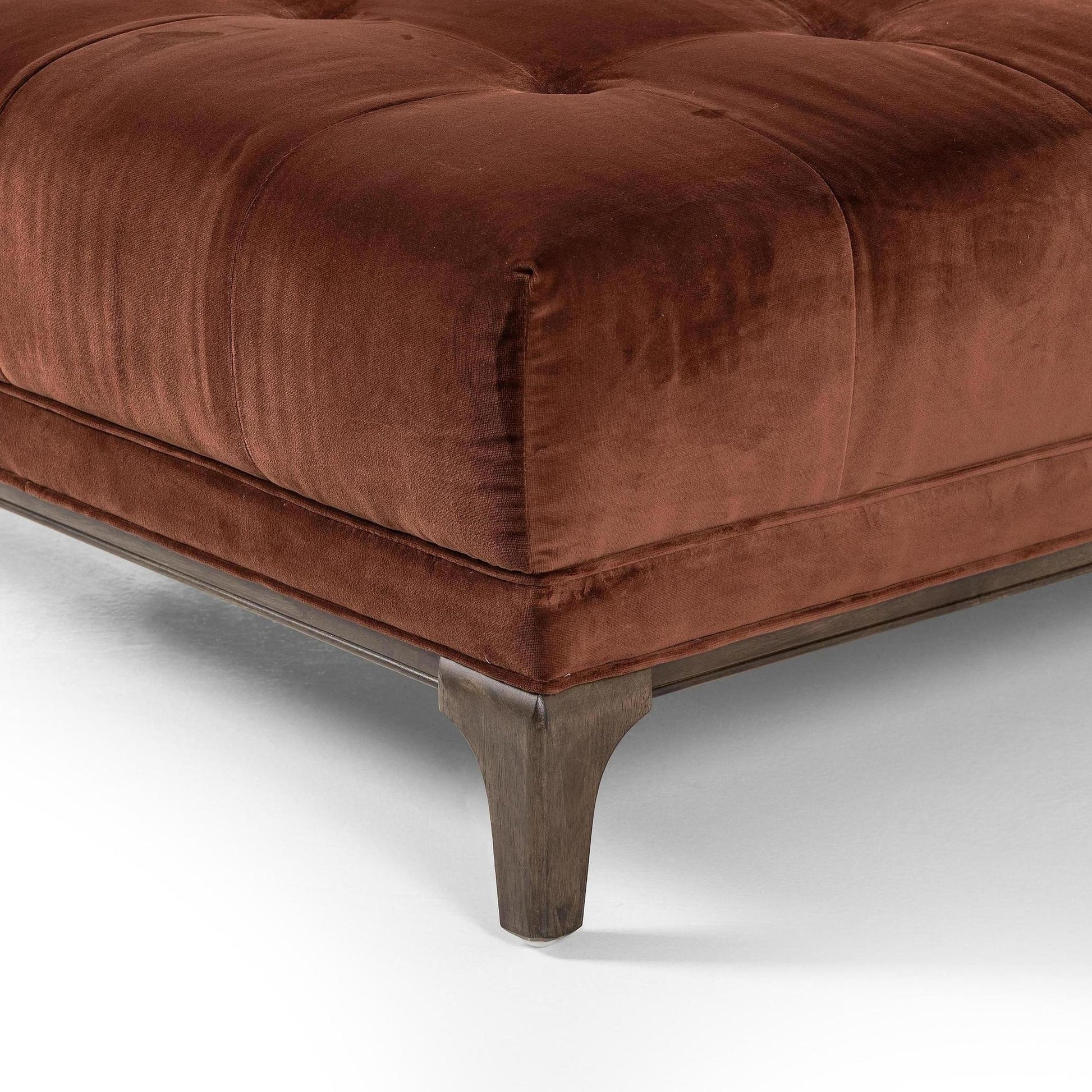 Elsie Chaise in auburn velvet close up of foot of chaise