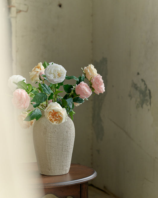 Austin Rose Stems in White, Pink and Peach in vase