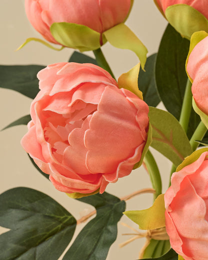 Close-up of pink peony flowers with green leaves on a beige background