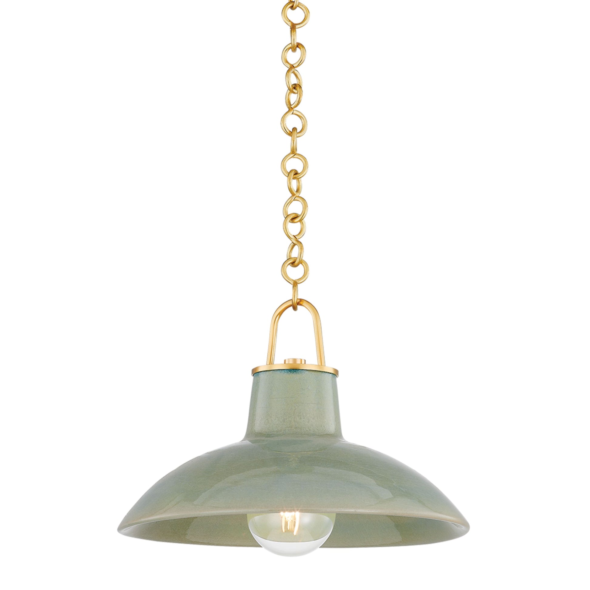 Justine Pendant in Aged Brass with Ceramic Moss Crackle close up