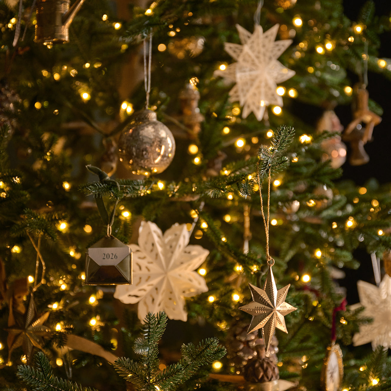 Close-up of a decorated Christmas tree with warm white string lights, white and gold ornaments, snowflake and star shapes, and pinecones against a dark background.