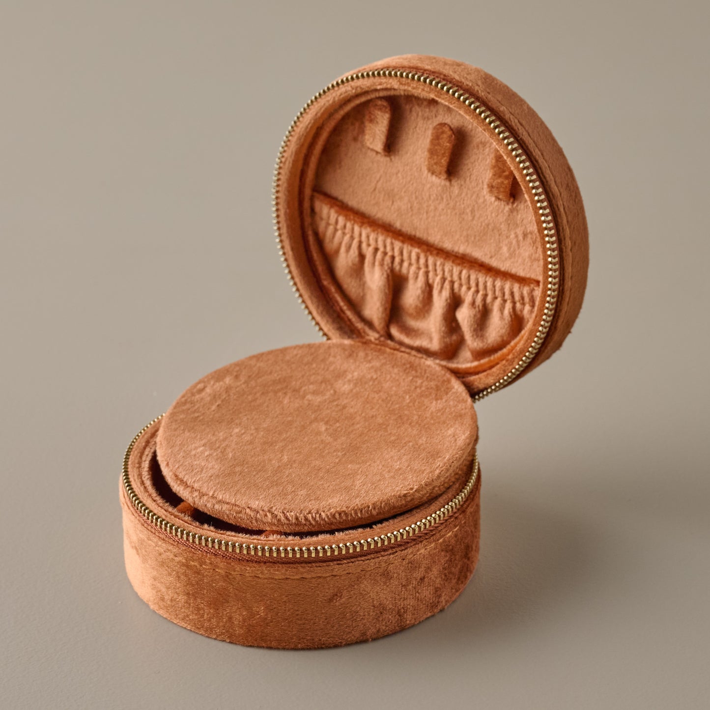Velvet Copper Jewelry Travel Case unzipped open