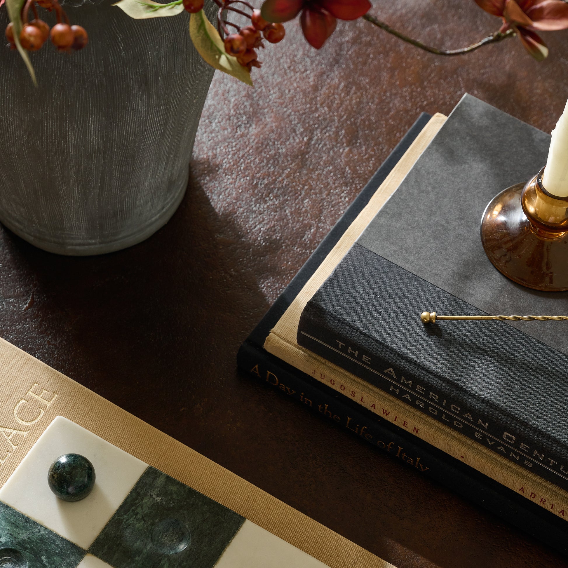 top of lex coffee table close up with books on top