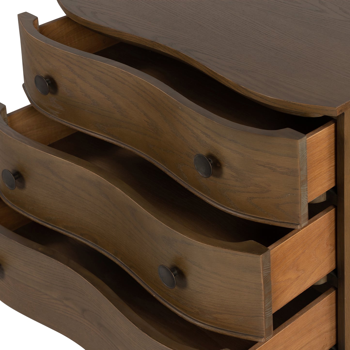 Birdie Nightstand close up view of drawers pulled open