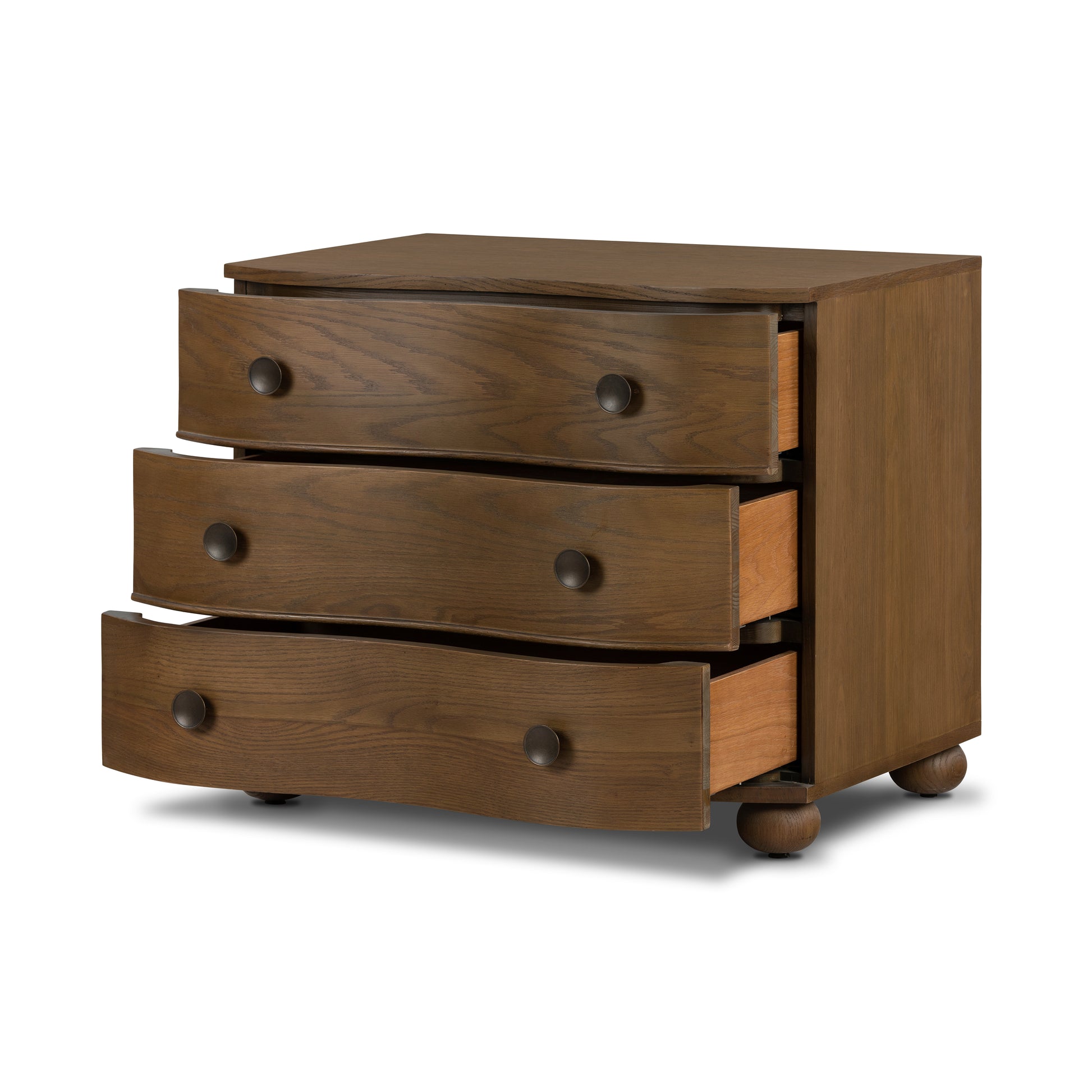 Birdie Nightstand angled view of drawers pulled open