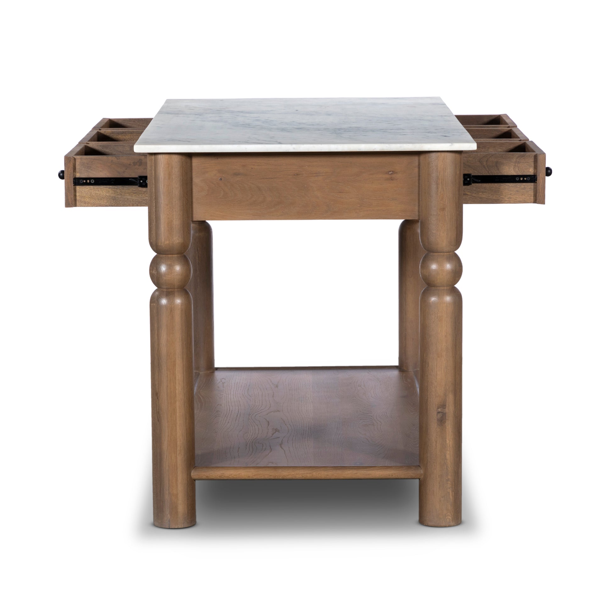 Hart Kitchen Island shown from end with drawers open