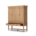 Hurston Wide Cabinet in aged light pine angled view with bottom drawers open