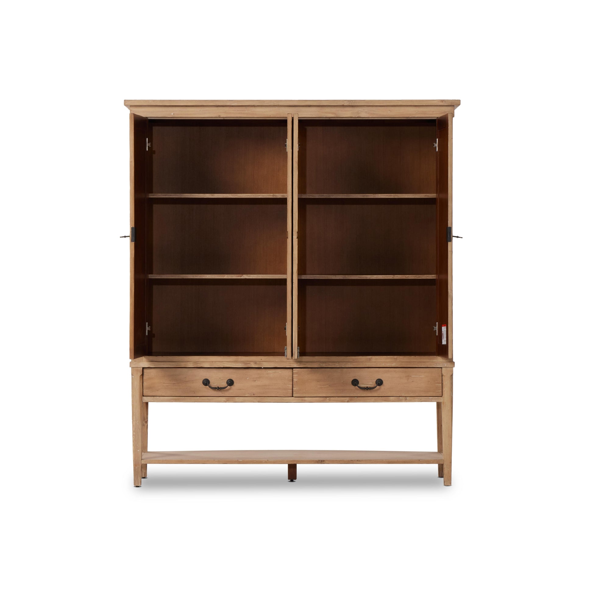 Hurston Wide Cabinet in aged light pine with cabinet doors open