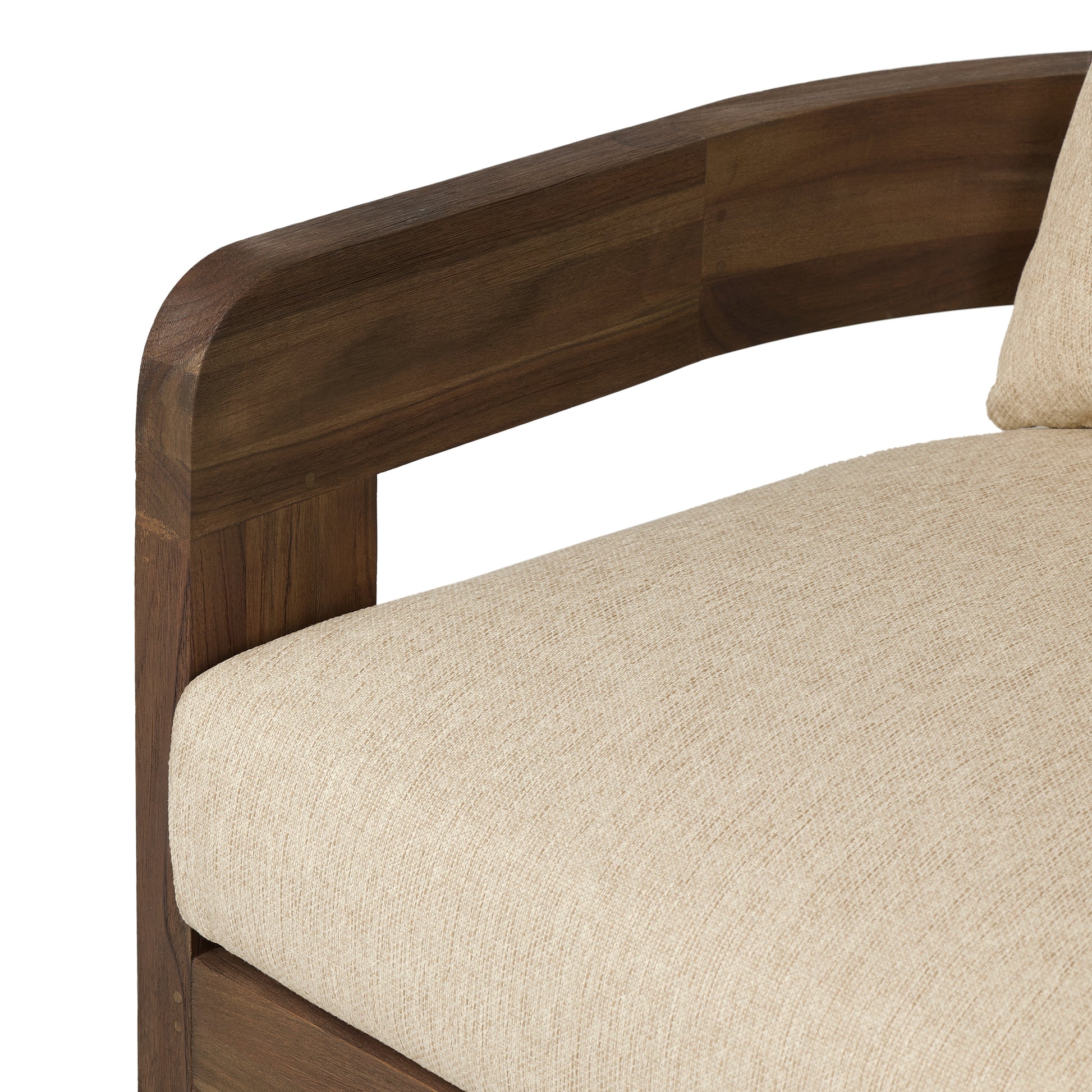 Caspian Outdoor Swivel Chair close up view of curved armrest and seat