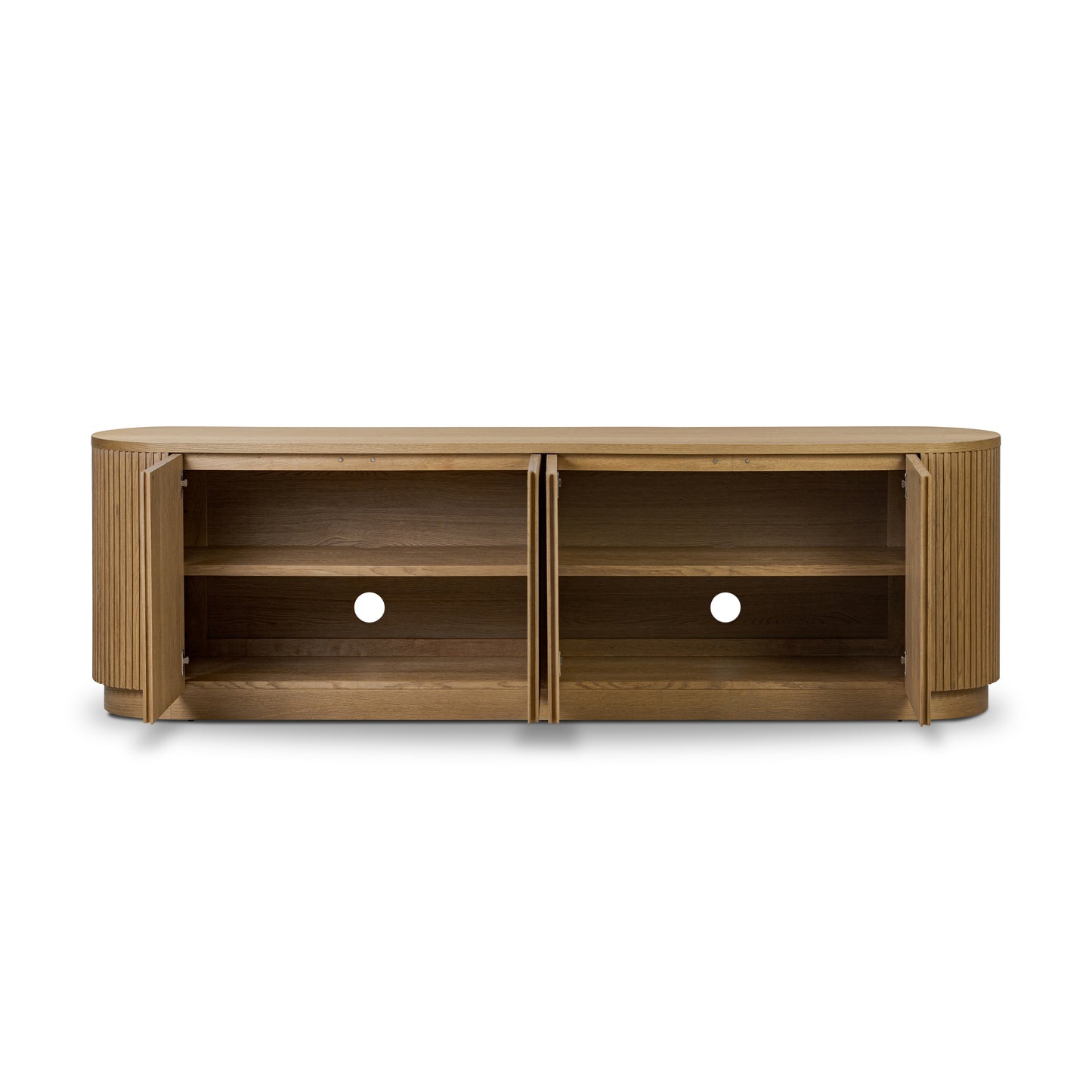 Desert Oak console cabinets opened with shelving inside