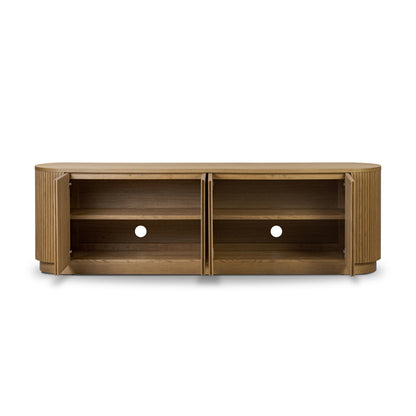Desert Oak console cabinets opened with shelving inside