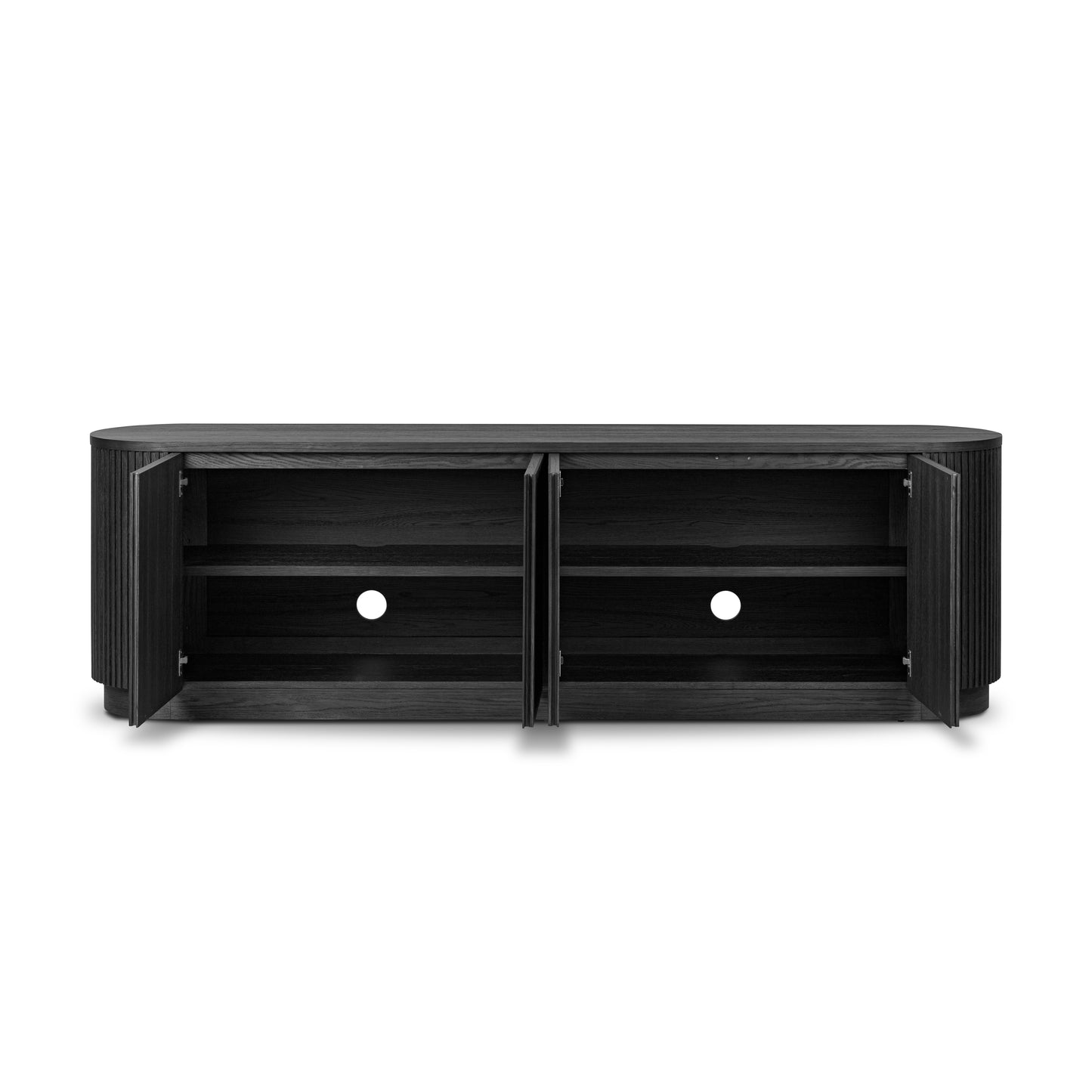  Cerused Black Oak with console cabinets opened with shelving inside