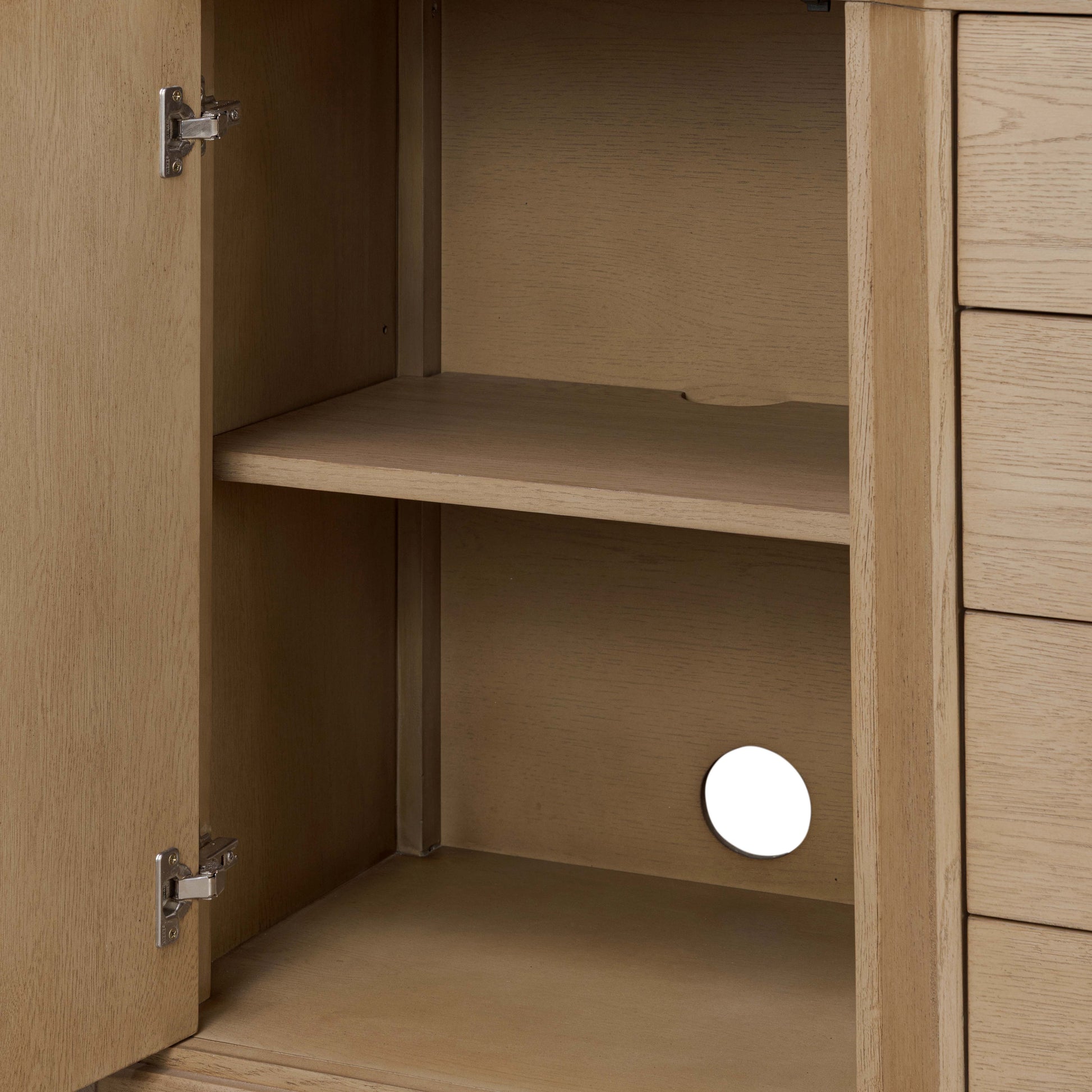 Pippa Sideboard inside of door showcasing shleves and back opening