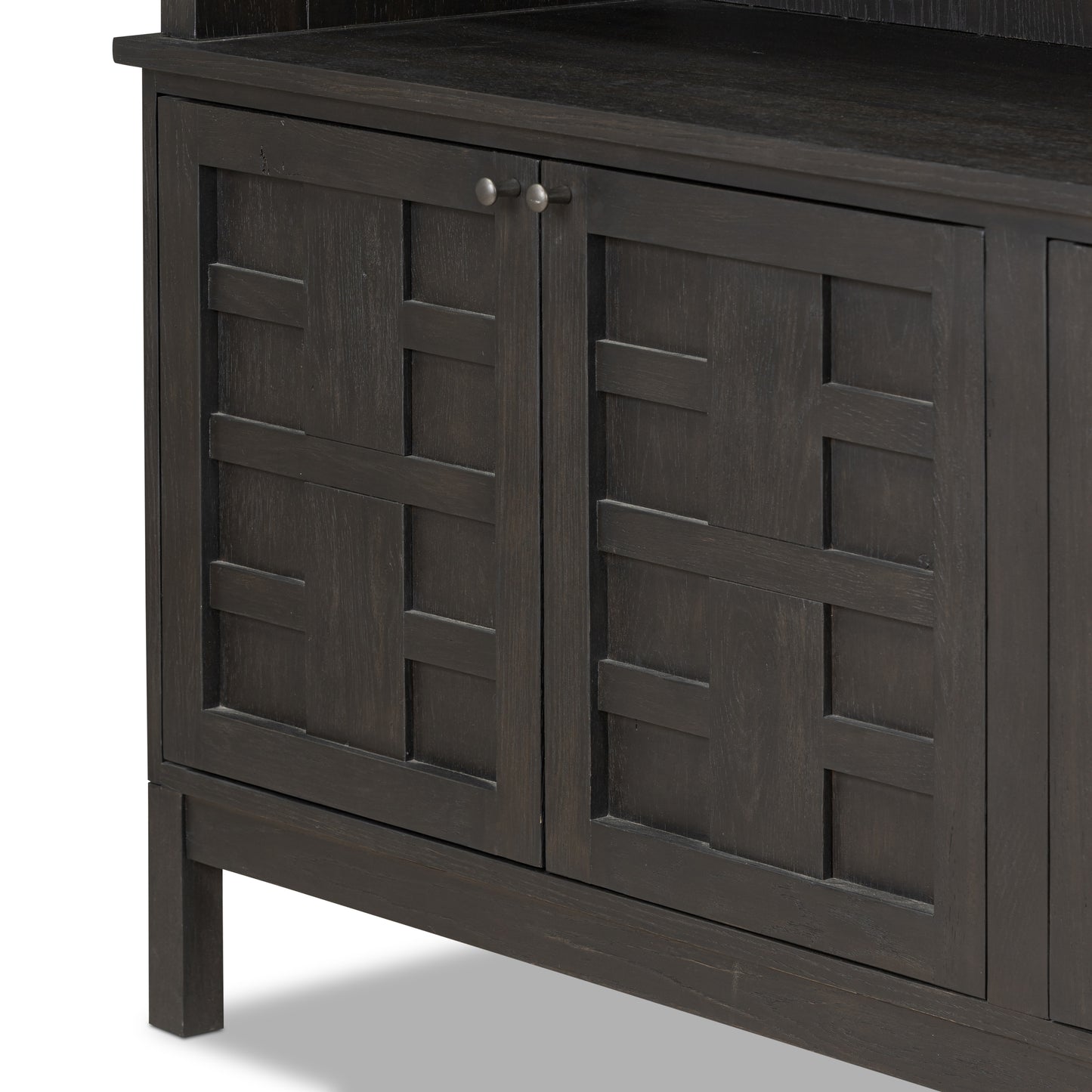 Cara Bookcase close up view of bottom double door with grid wood design