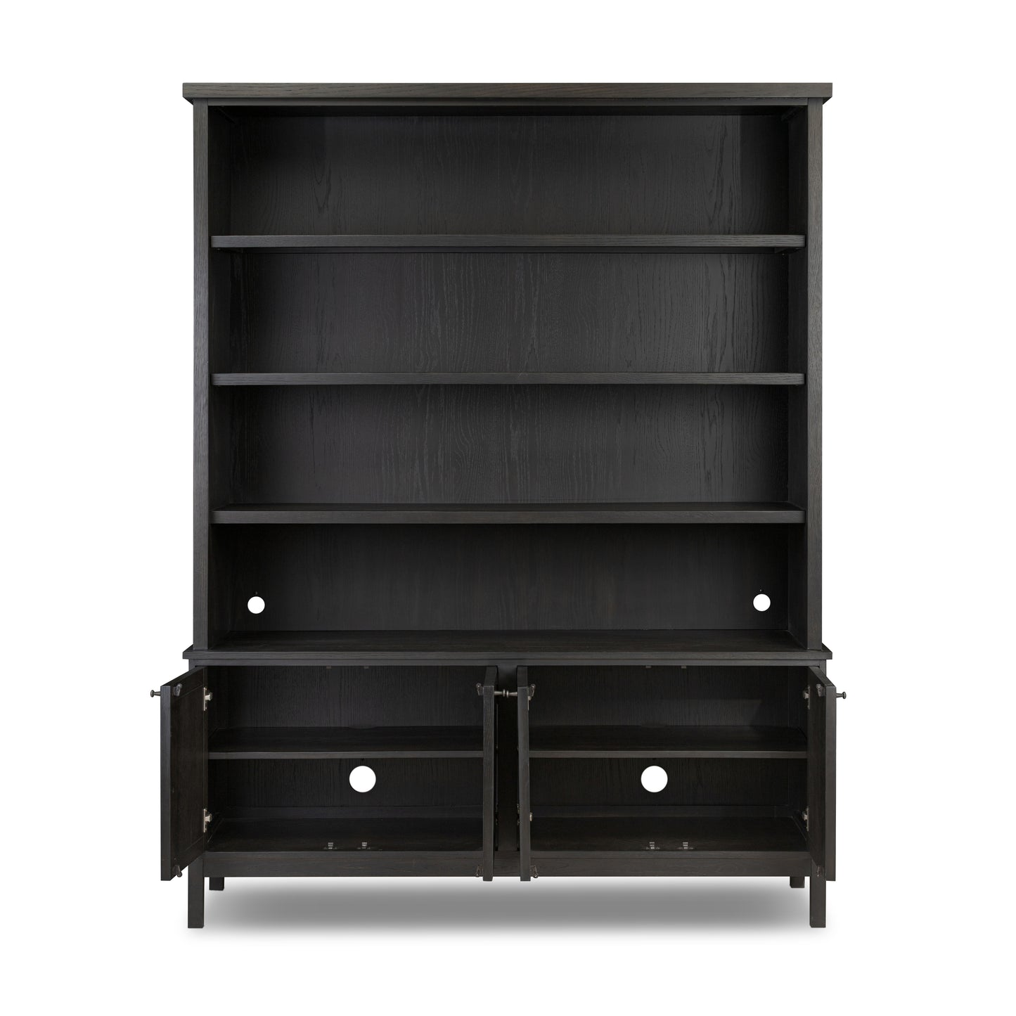 Cara Bookcase with bottom doors open showing two additional shelves 
