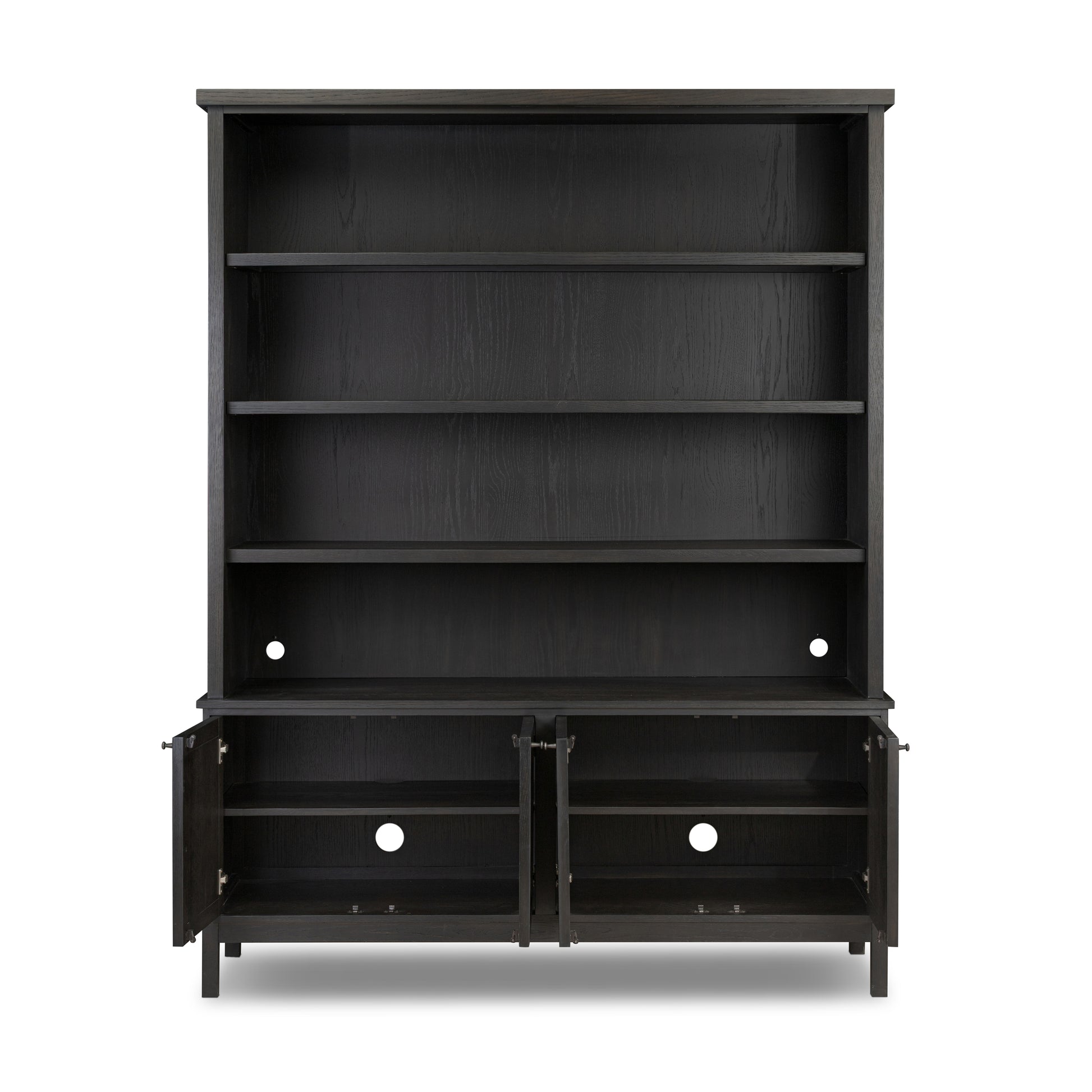 Cara Bookcase with bottom doors open showing two additional shelves 