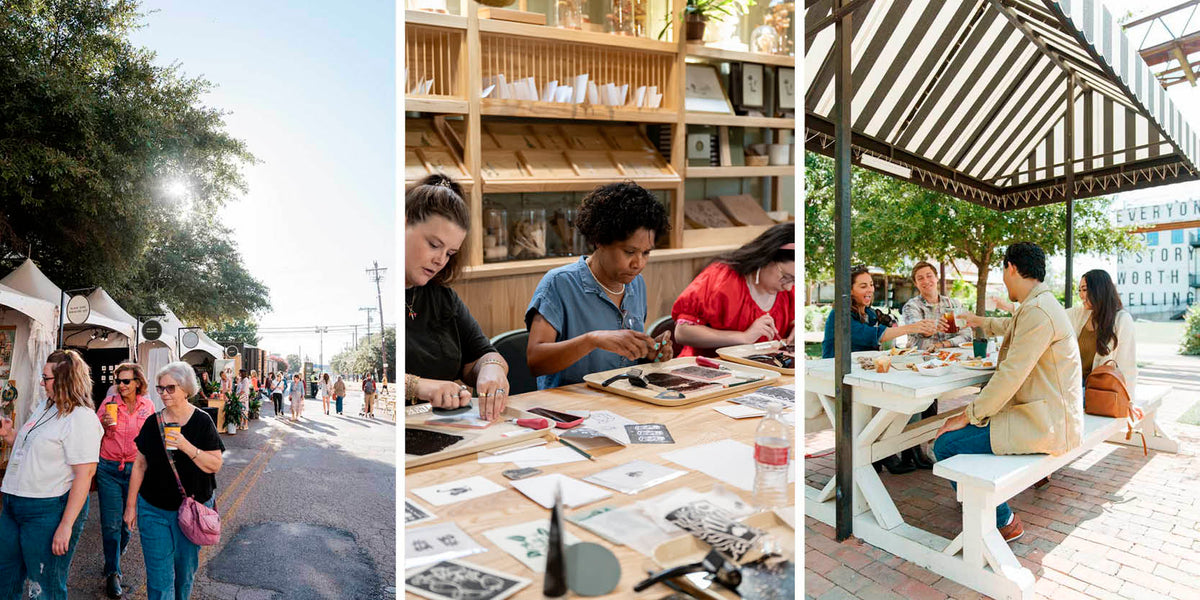 A three-panel collage showing outdoor scenes: a street market with people walking, a group of people working at a wooden table with books and papers, and a group dining under a striped awning at a white table.