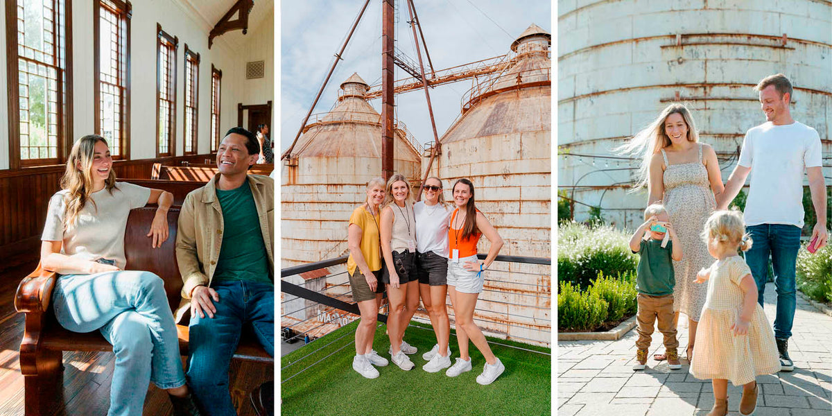 A three-panel family portrait collage showing a family of five in rustic, farm-inspired settings. The left panel shows a couple sitting on a wooden bench inside a building with tall windows.