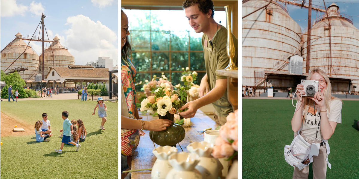 A three-panel collage showing outdoor scenes: children playing on a grassy field with large dome structures in the background, a woman arranging flowers at a table while a man smiles beside her, and a woman holding a vintage camera in front of large industrial silos.