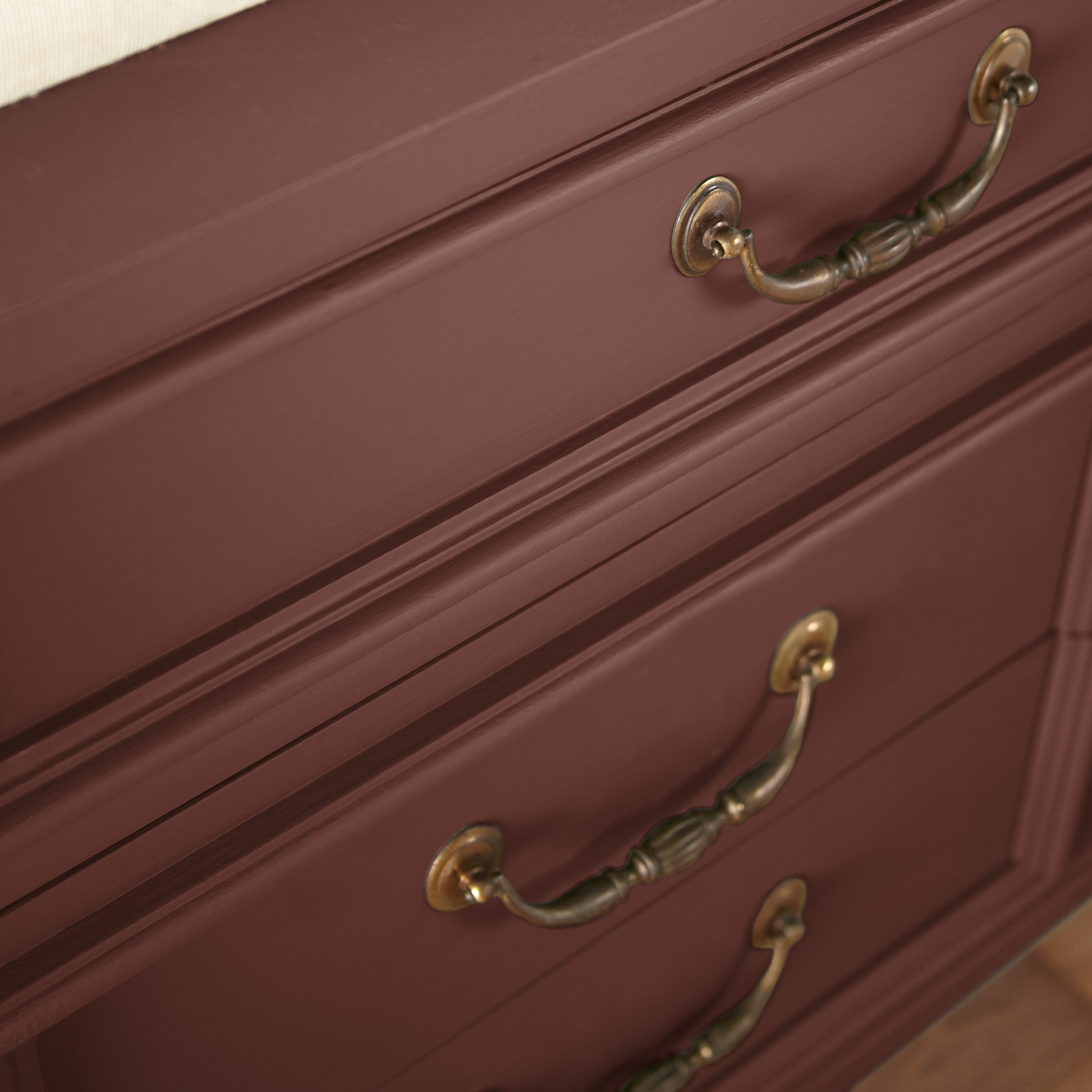 Mountain Currant paint featured on vintage inspired console table clese up with bronze handles