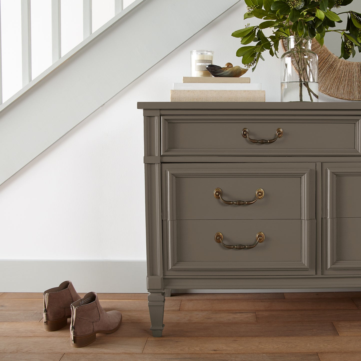 Mosswood paint featured on vintage inspired console table 