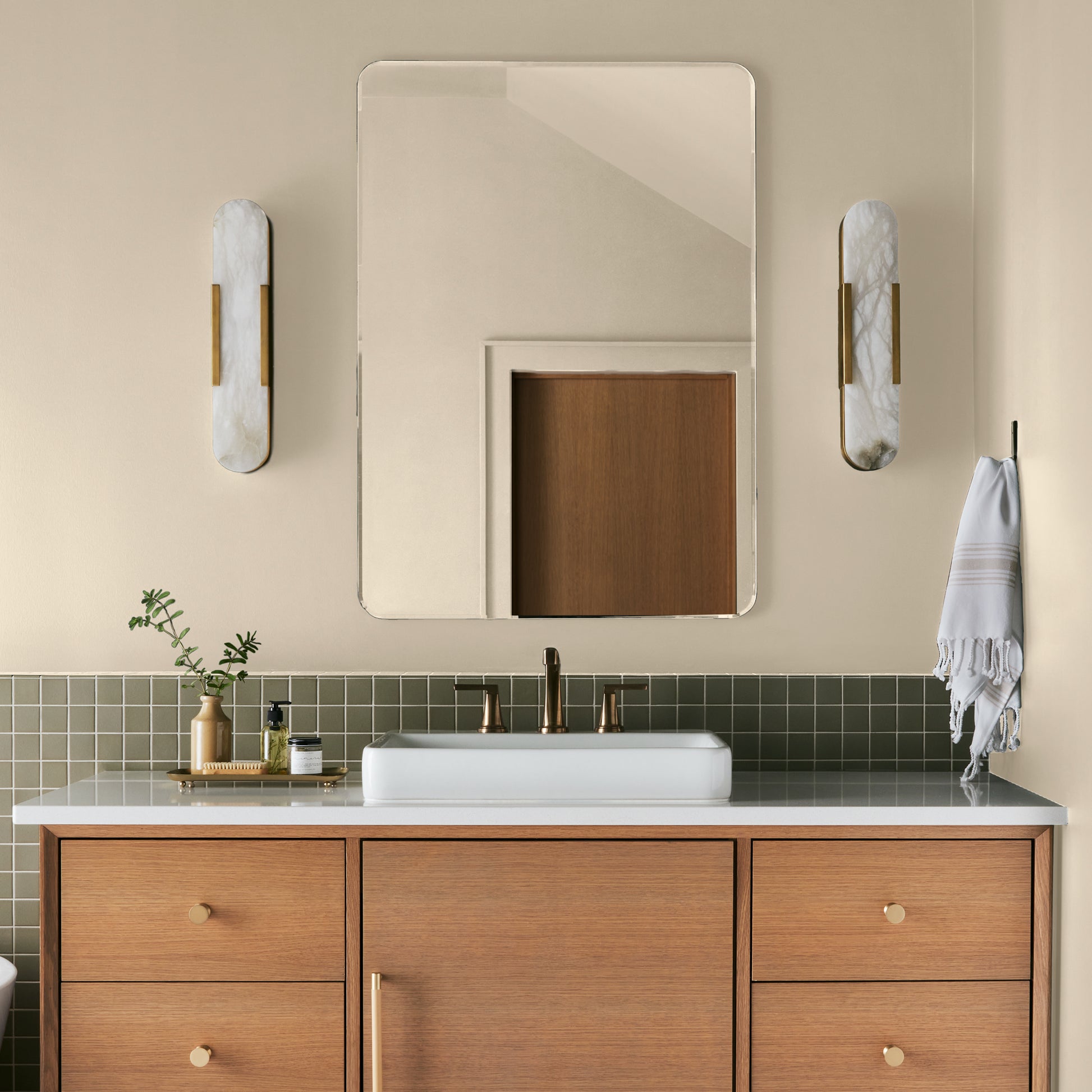 Morning Snow paint color shown in bathroom wall with vanity mirror