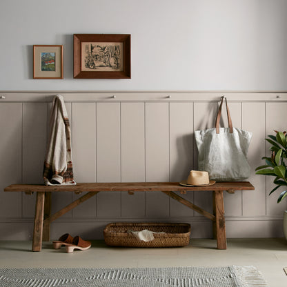 Quaint Cottage paint featured in mudroom on half room paneled walls with hung tote bag and cardigan