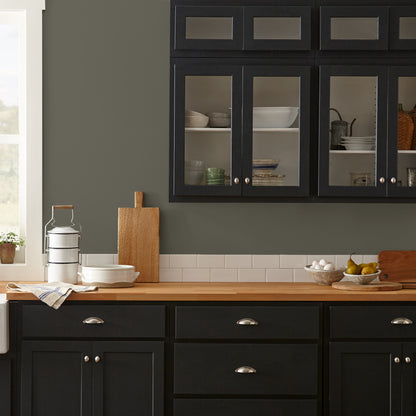 Trailhead paint featured in kitchen walls with dark blue cabinets and wood countertops