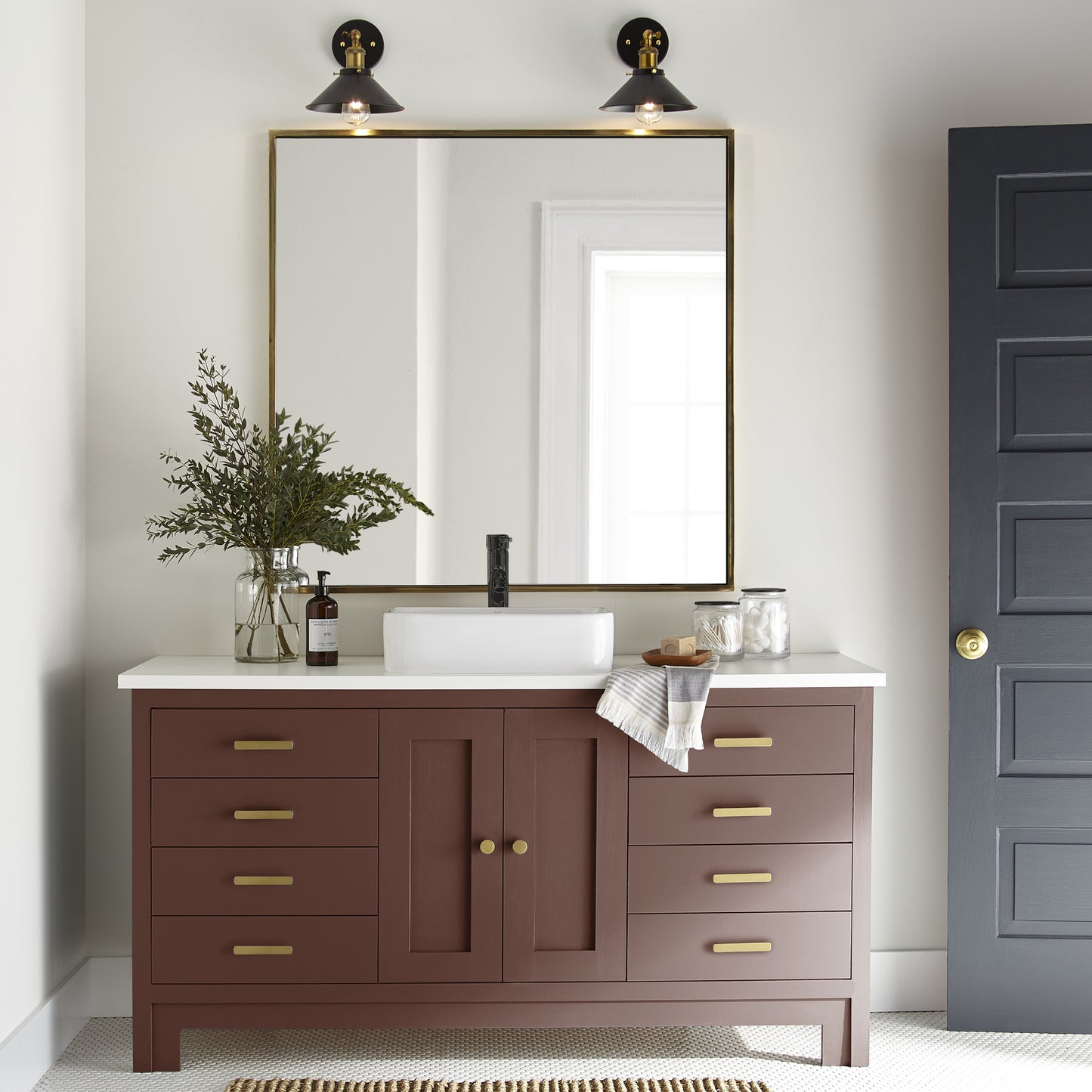 Mountain Currant paint featured on bathroom cabinetry