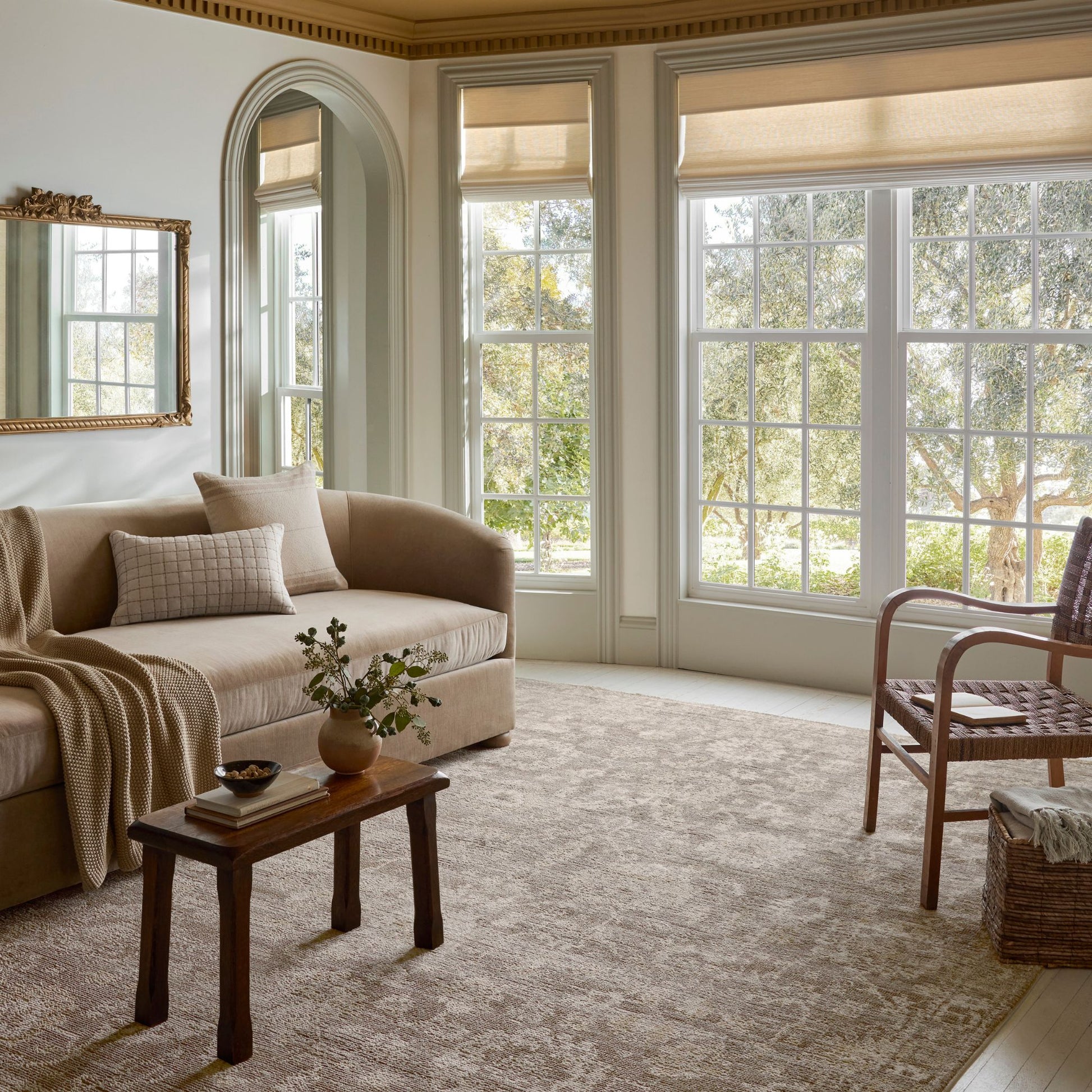Pace Taupe Wheat Rug shown in living room