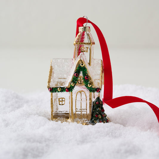 Gold Glass Church Ornament shown in snow