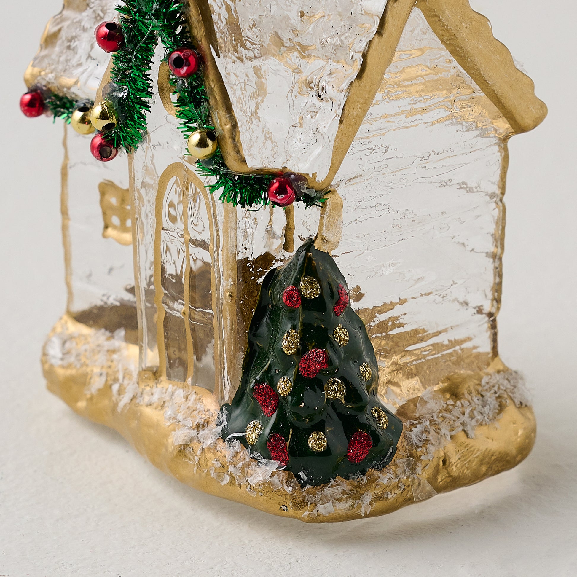 Gold Glass Church Ornament up close