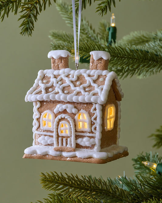 Cottage Gingerbread House Ornament shown on tree